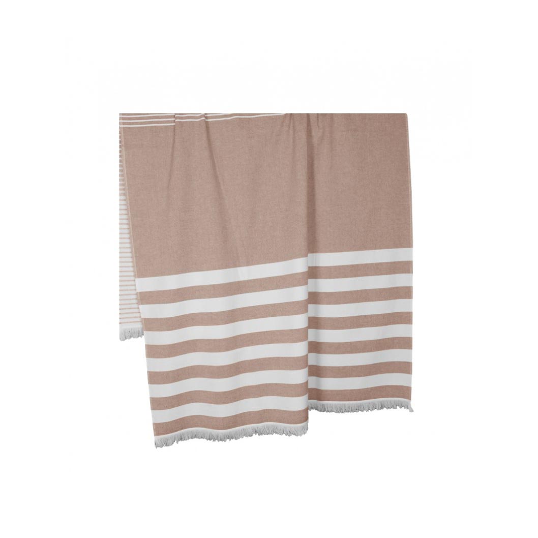 Toalla playa tipo pareo rayas blancas y teja apagado. Toalla tipo hammam.