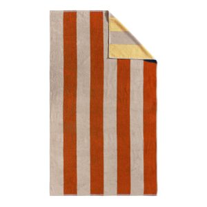 Toalla playa reversible Risart Laxe. Diseño rayas beige y teja con revés amarillo. 100% algodón. Fina y ligera.